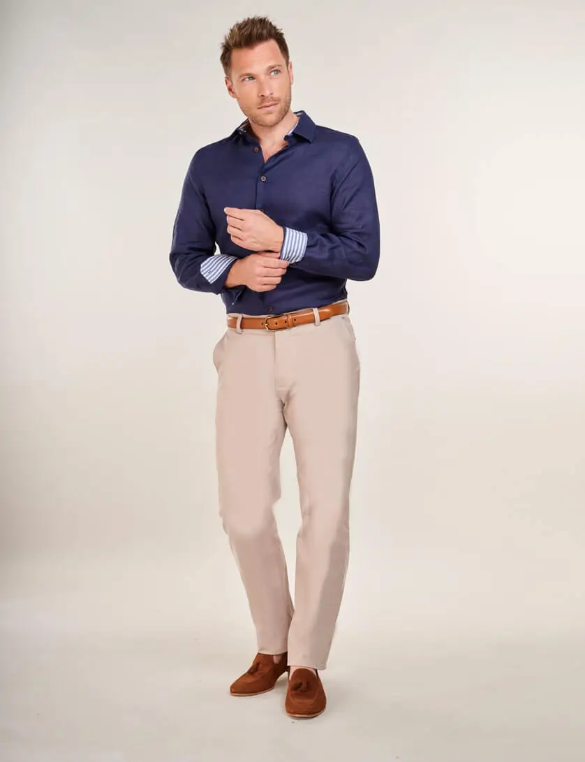 stone chinos with navy linen shirt